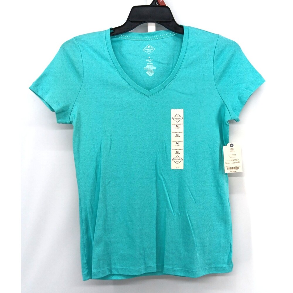St Johns Bay Shirt Women Medium Aqua Blue Green Short Sleeve V Neck Top NWT